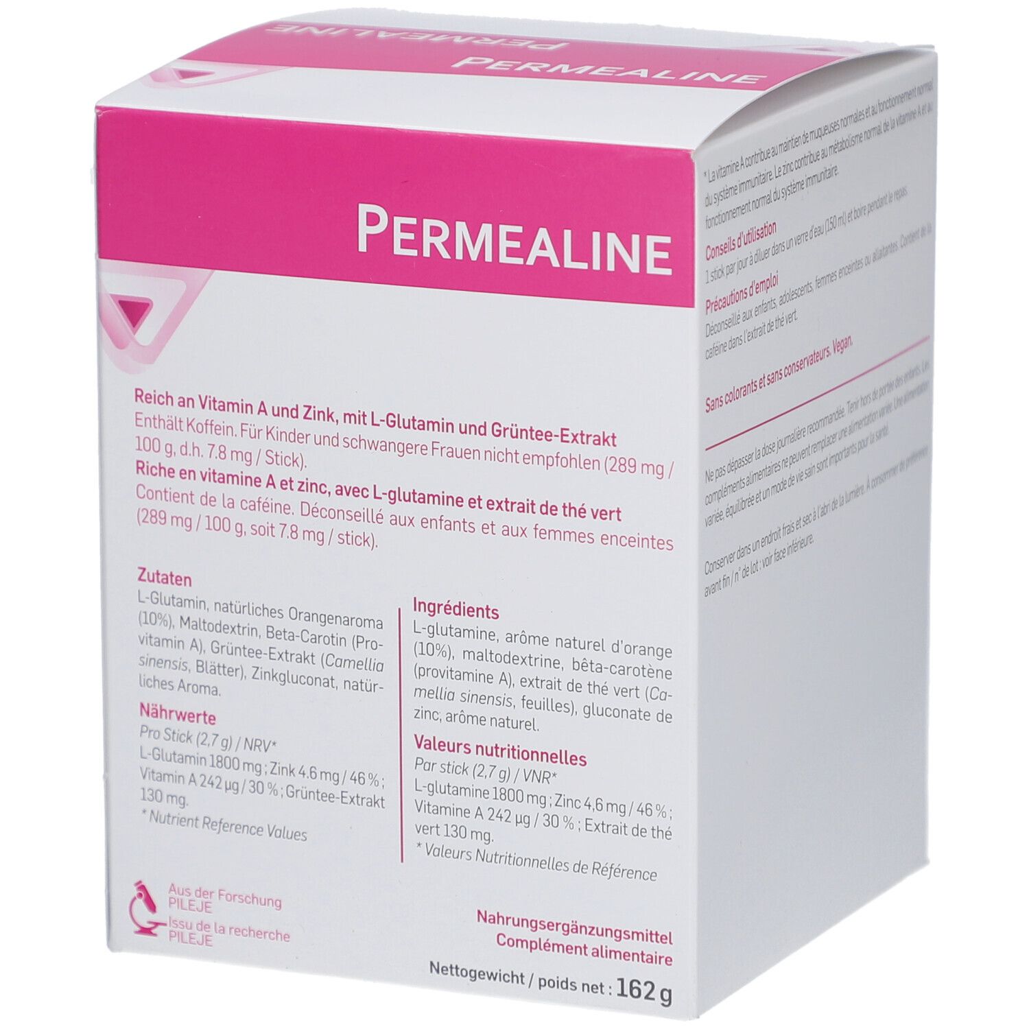 Boîte blanche et rose. Inscription PERMEALINE. Liste des ingrédients et valeurs nutritionnelles. Logo Pileje.