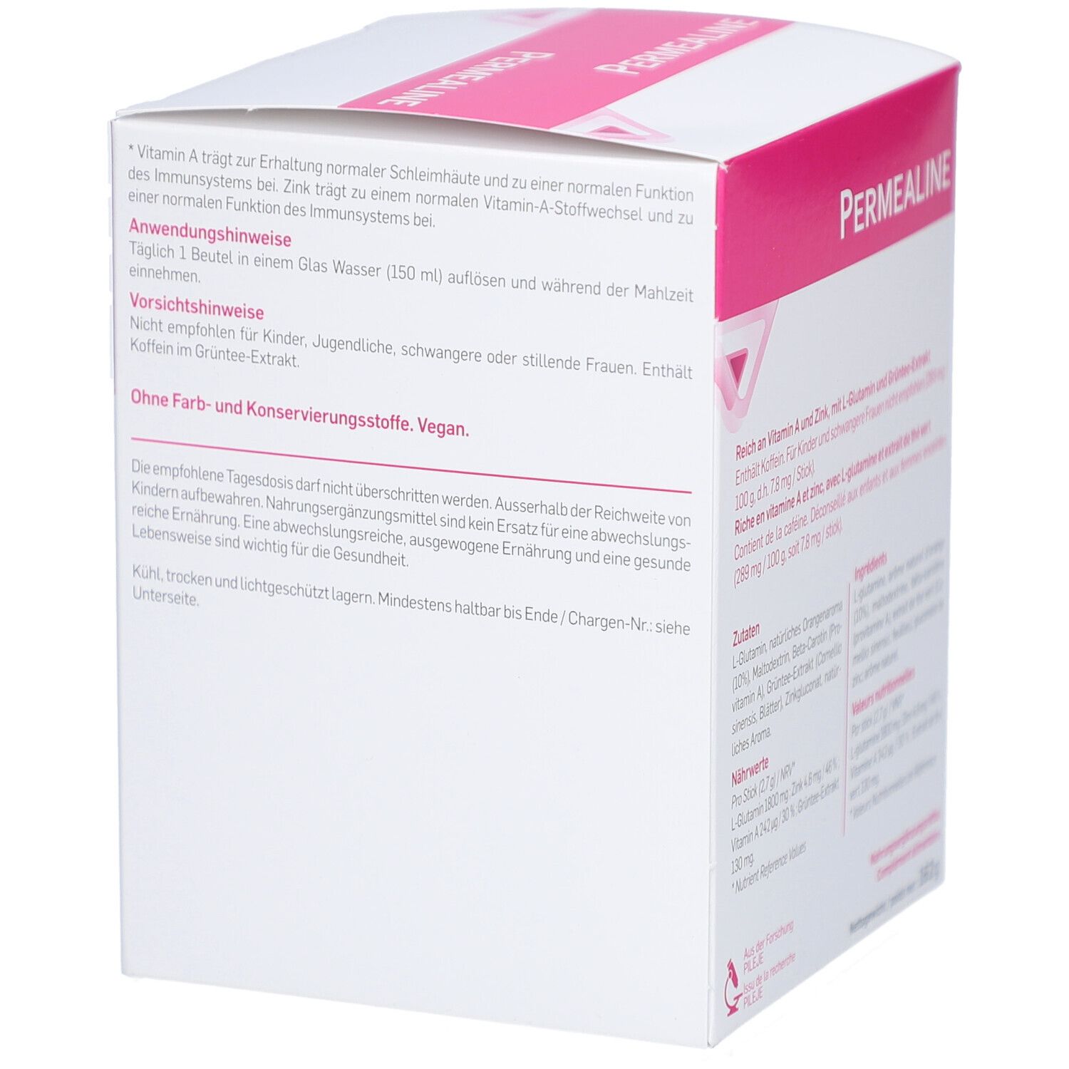 Boîte blanche et rose. Inscription PERMEALINE. Conseils d'utilisation et avertissements. Logo Pileje.