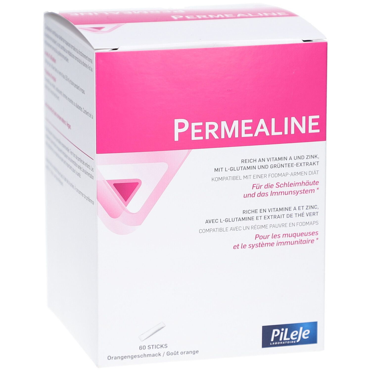 Boîte blanche et rose. Inscription PERMEALINE. Contient 60 sticks. Logo Pileje.