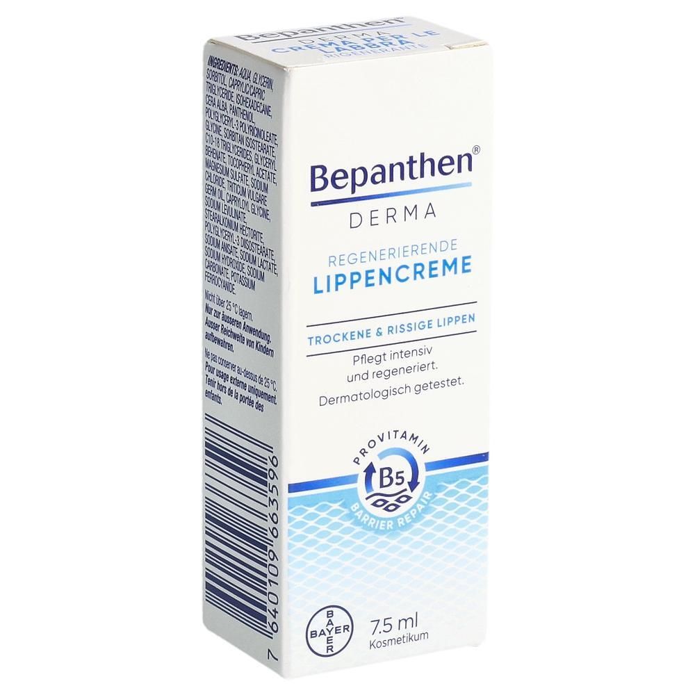 Boîte blanche. Inscription: Bepanthen Derma Crème pour les lèvres régénérante. Contient de la provitamine B5. 7,5 ml.