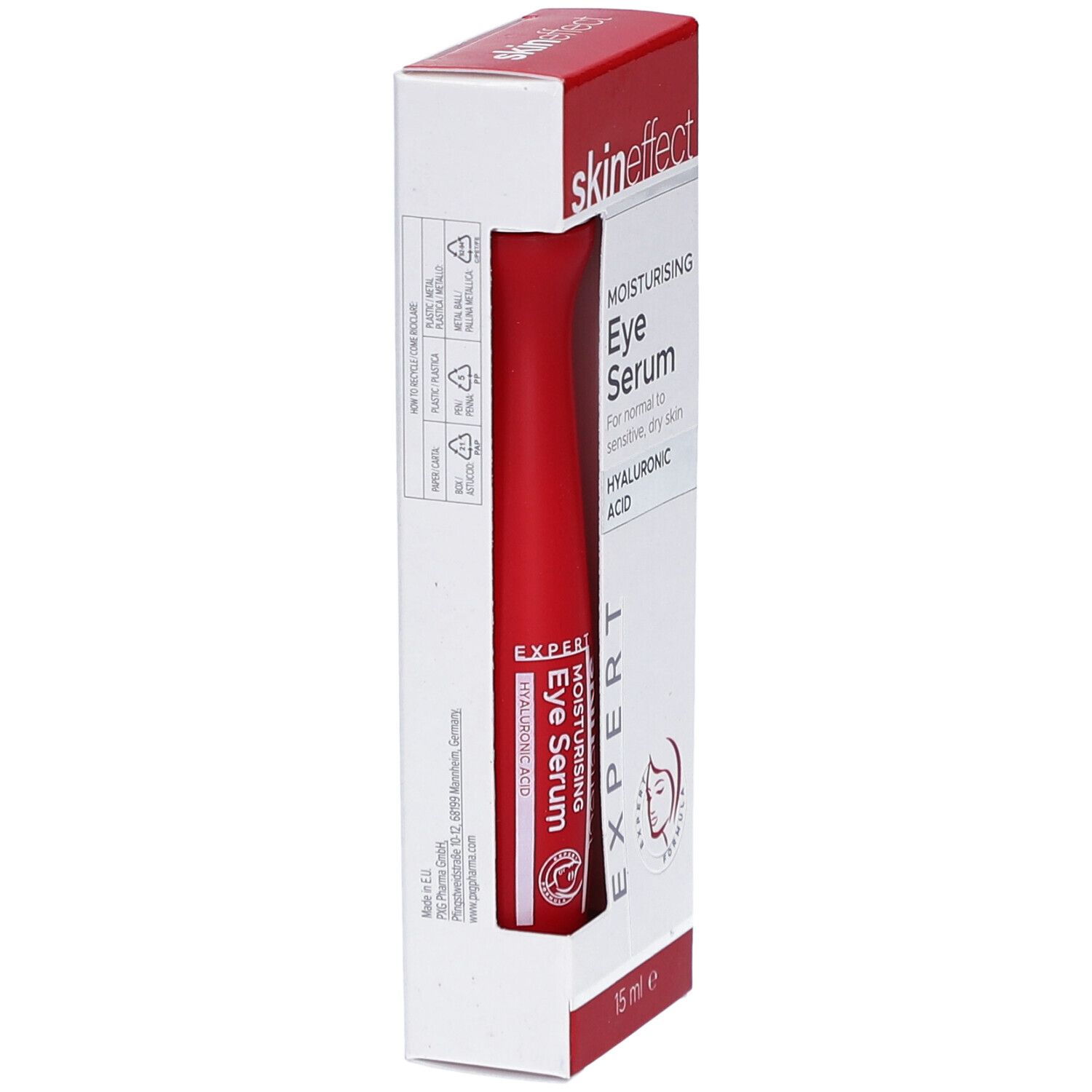 Sérum pour les yeux en tube rouge et emballage. Marque : skineffect. Texte : MOISTURISING Eye Serum, HYALURONIC ACID. 15 ml.