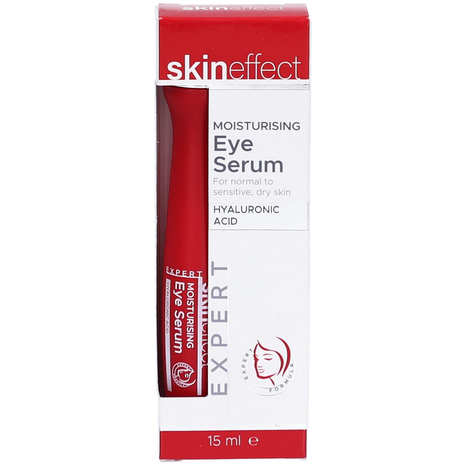 Sérum pour les yeux en tube rouge et emballage. Marque : skineffect. Texte : MOISTURISING Eye Serum, HYALURONIC ACID. 15 ml.