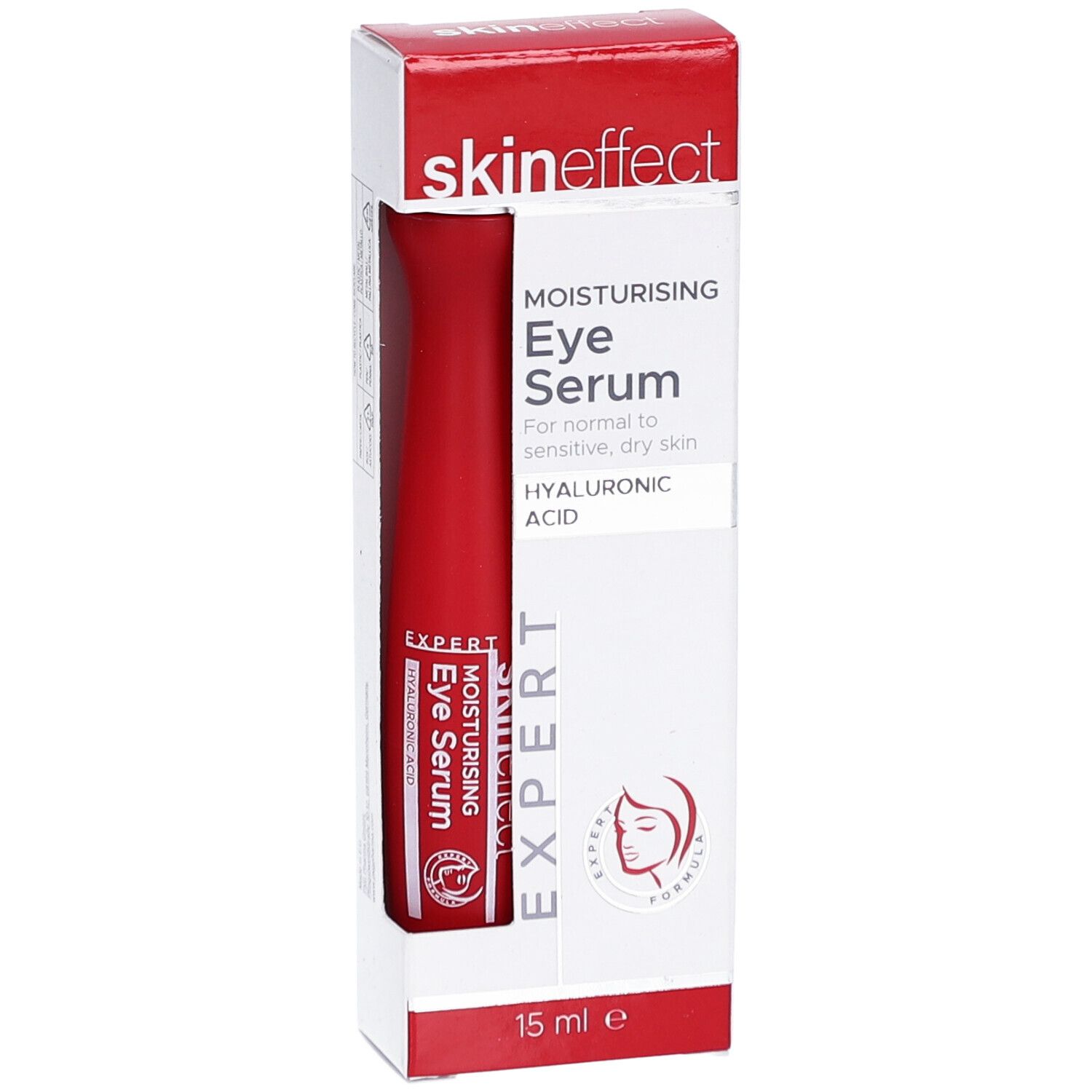 Sérum pour les yeux en tube rouge et emballage. Marque : skineffect. Texte : MOISTURISING Eye Serum, HYALURONIC ACID. 15 ml.