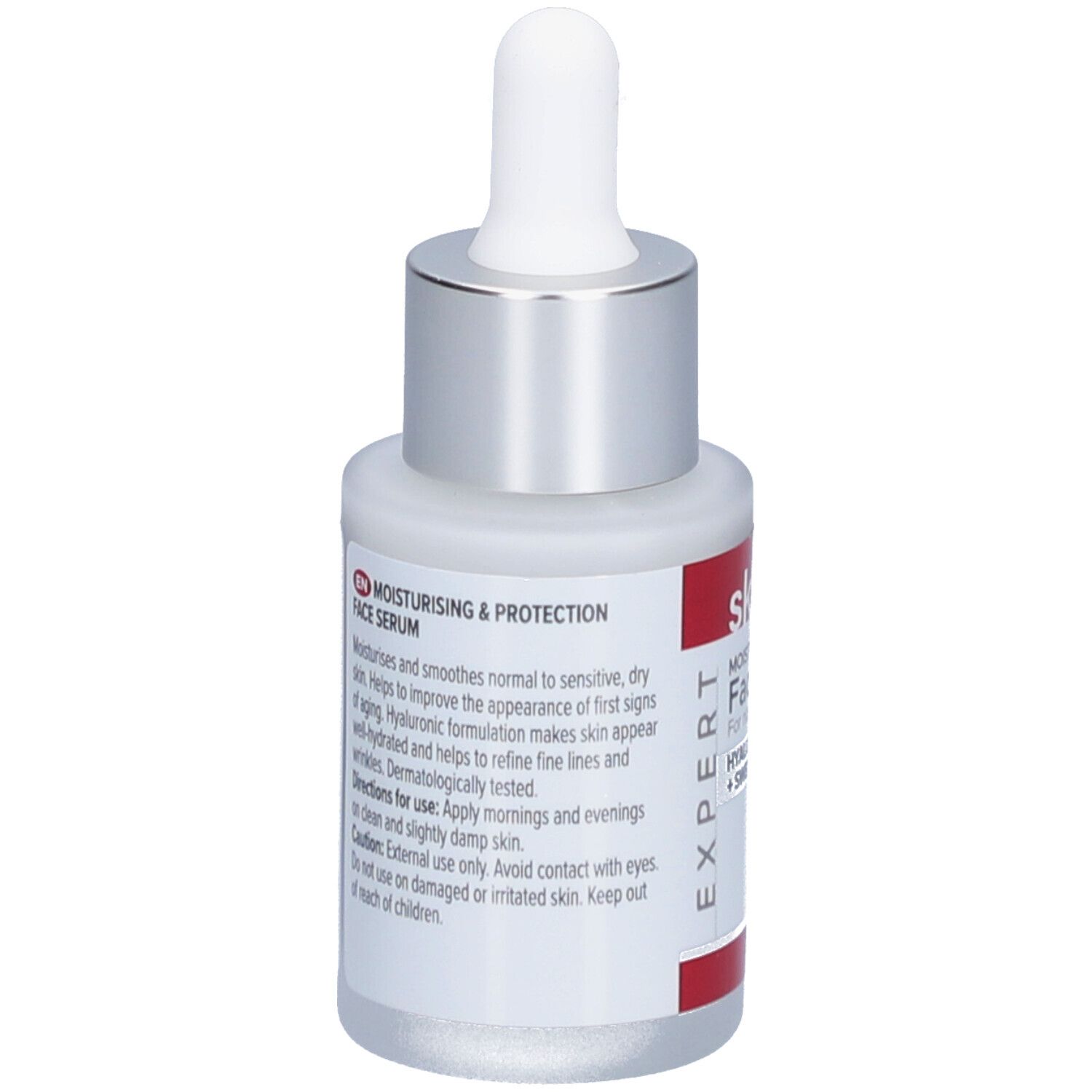 Gesichtsserum-Flasche. Weißes Glas, silberner Deckel, rotes Etikett mit Text: skin effect, Face Serum, Anweisungen.