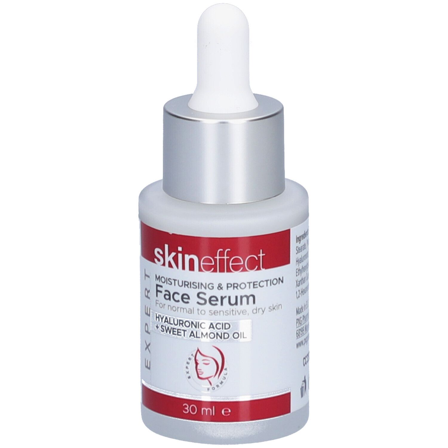 Gesichtsserum-Flasche mit Pipette. Weißes Glas, silberner Deckel, rotes Etikett mit Text: skin effect, Face Serum, 30 ml.