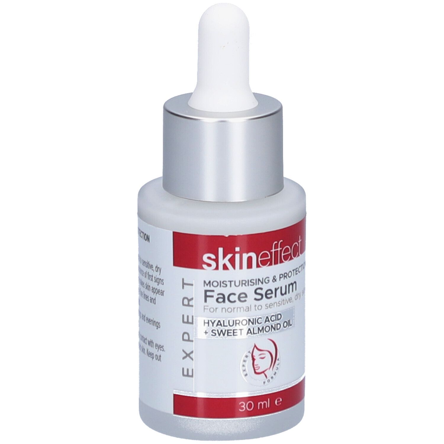 Gesichtsserum-Flasche mit Pipette. Weißes Glas, silberner Deckel, rotes Etikett mit Text: skin effect, Face Serum, 30 ml.
