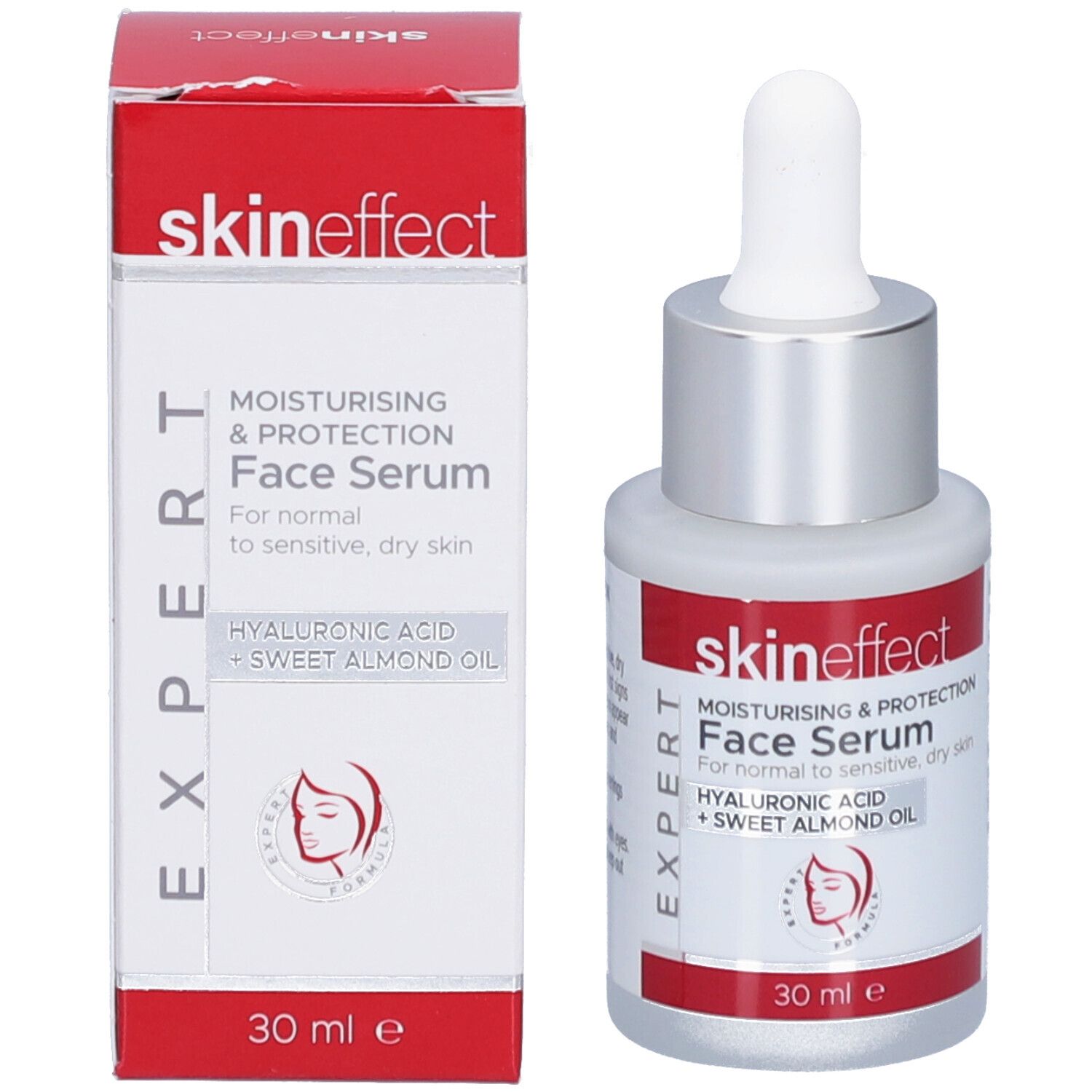 Gesichtsserum-Flasche und Schachtel. Flasche: weißes Glas, silberner Deckel, rotes Etikett. Schachtel: rot-weiß, Text: skin effect, Face Serum.