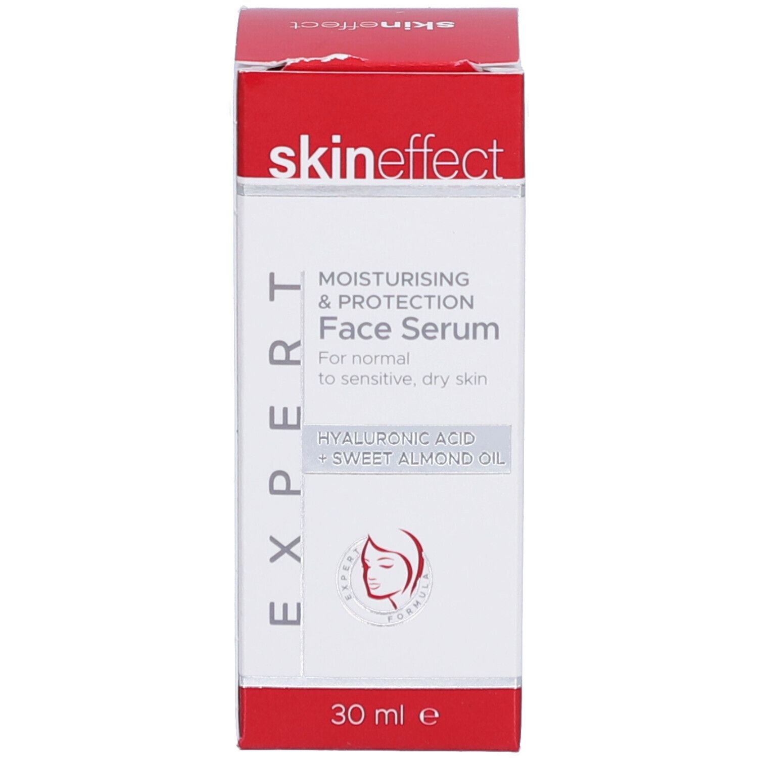 Schachtel für Gesichtsserum. Rot-weiß, Text: skin effect, Face Serum, 30 ml.