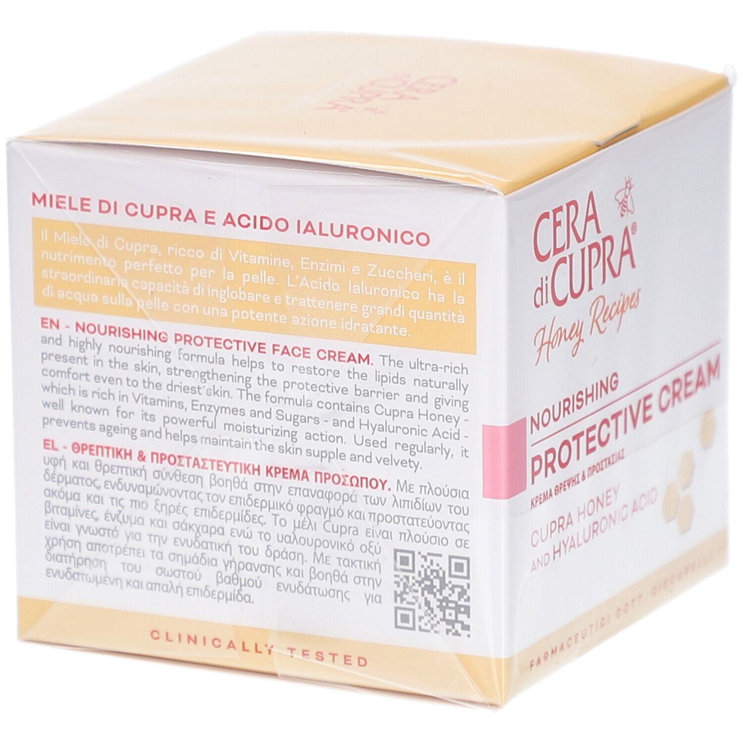 Rückseite der Verpackung von Cera di Cupra Crème Nourrissante Protectrice. Text in mehreren Sprachen. Klinisch getestet.