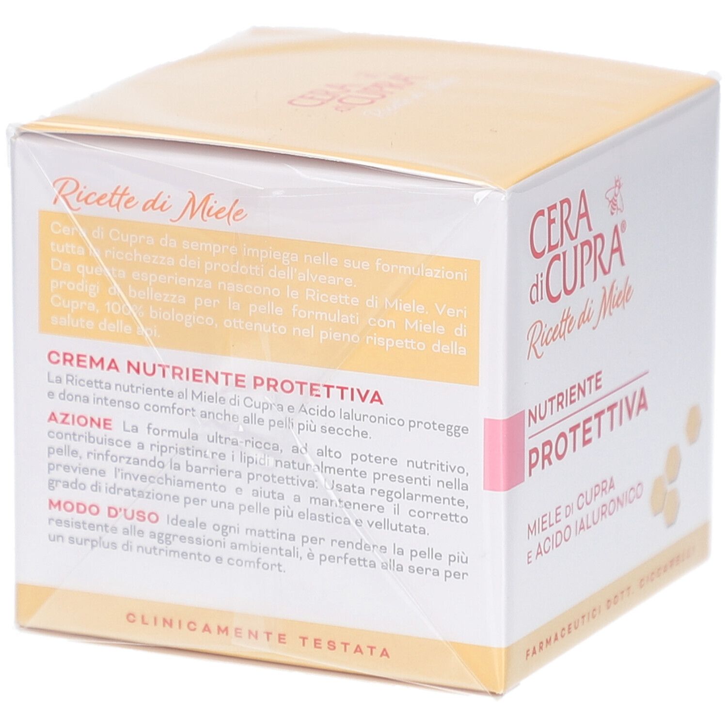 Rückseite der Verpackung von Cera di Cupra Crème Nourrissante Protectrice. Text in italienischer Sprache. Klinisch getestet.