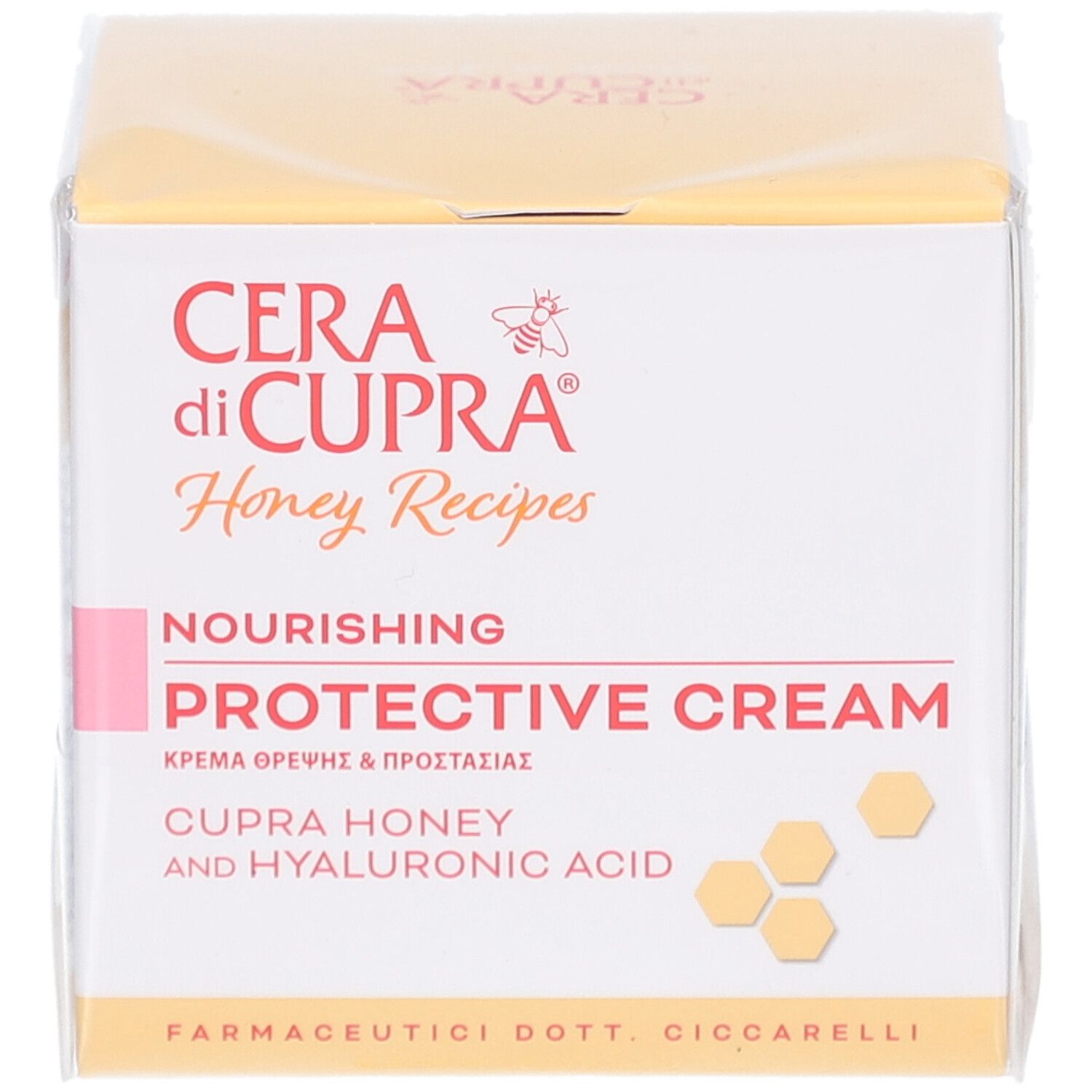 Verpackung von Cera di Cupra Crème Nourrissante Protectrice. Weiß, rosa und gelb. Text: Honey Recipes, Protective Cream, Cupra Honey.