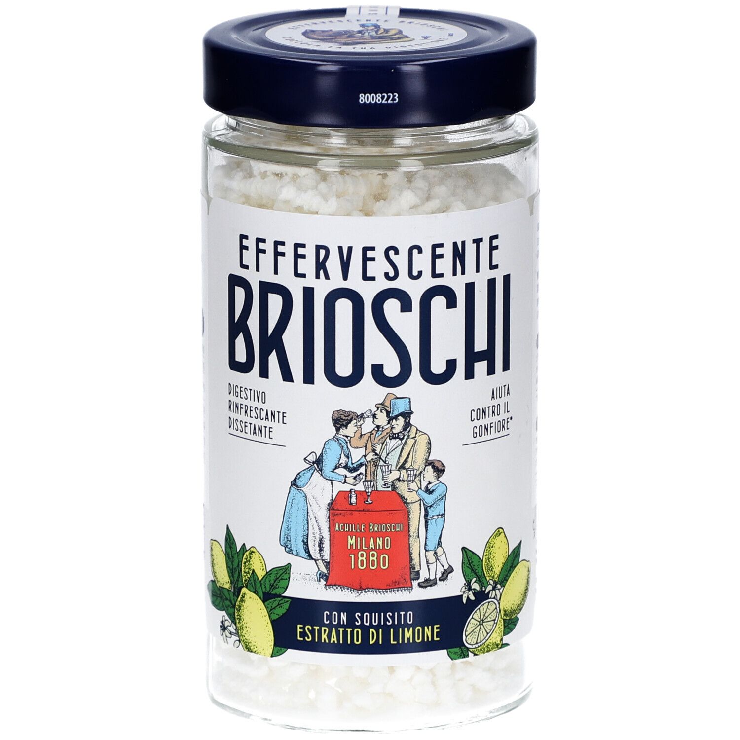 Glasbehälter mit weißen Granulat. Aufschrift: Effervescente Brioschi. Illustration mit Zitronen und Figuren. Deckel blau.