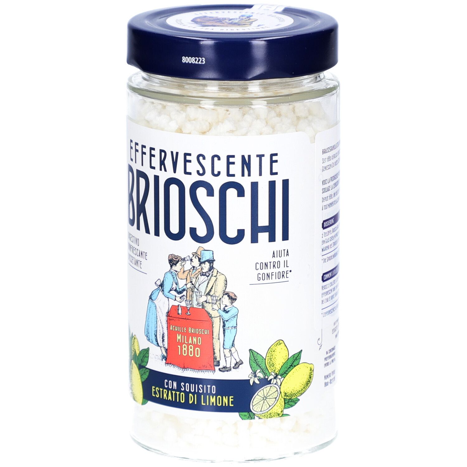 Glasbehälter mit weißen Granulat. Aufschrift: Effervescente Brioschi. Illustration mit Zitronen und Figuren. Deckel blau.