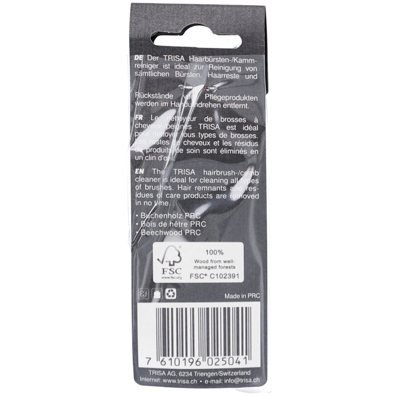 Dos de l'emballage. Texte en allemand, français et anglais. Logo FSC. Code-barres et informations du fabricant.