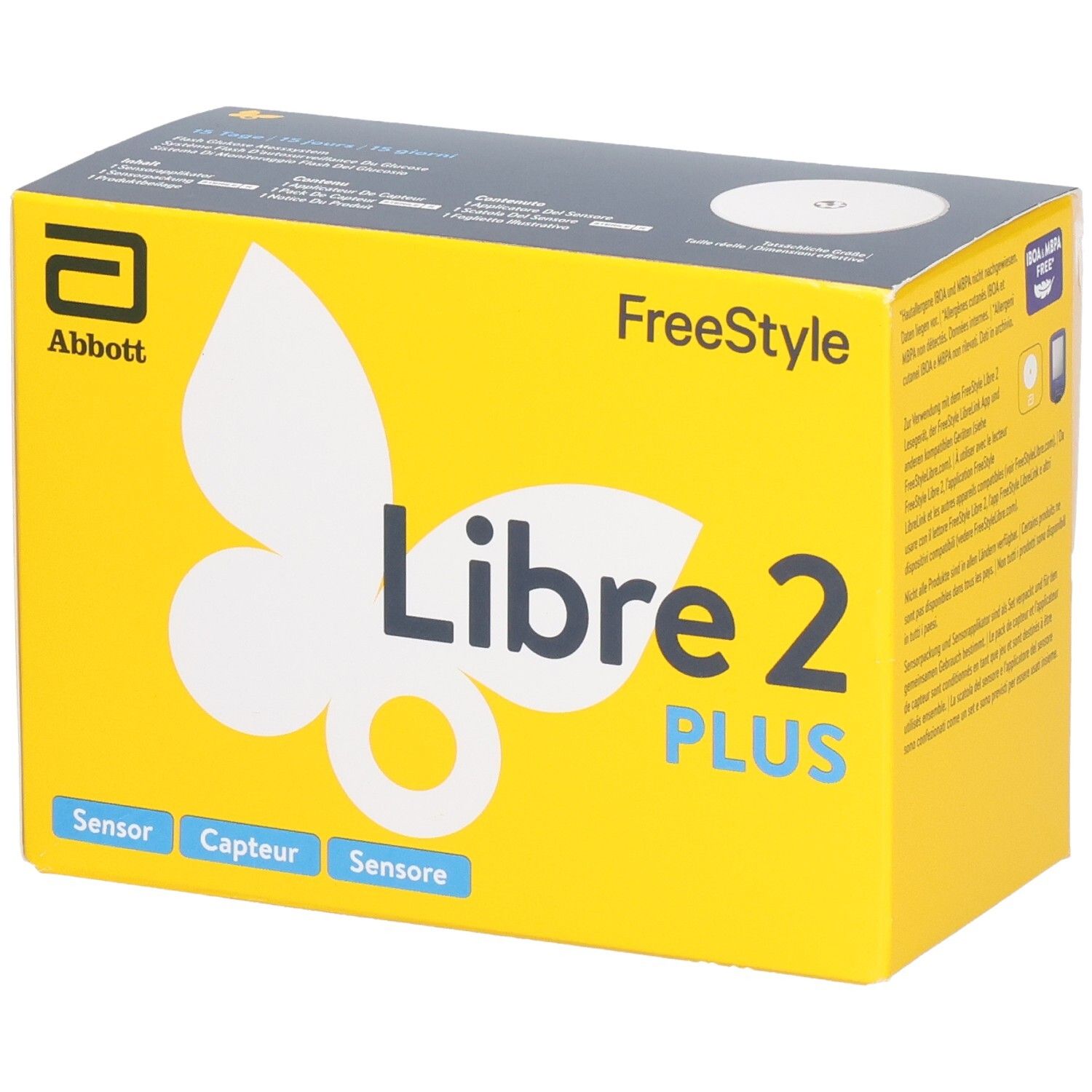 Abbott Freestyle Libre 2 PLUS Sensoren, gelbe Verpackung mit Schmetterlings-Design.