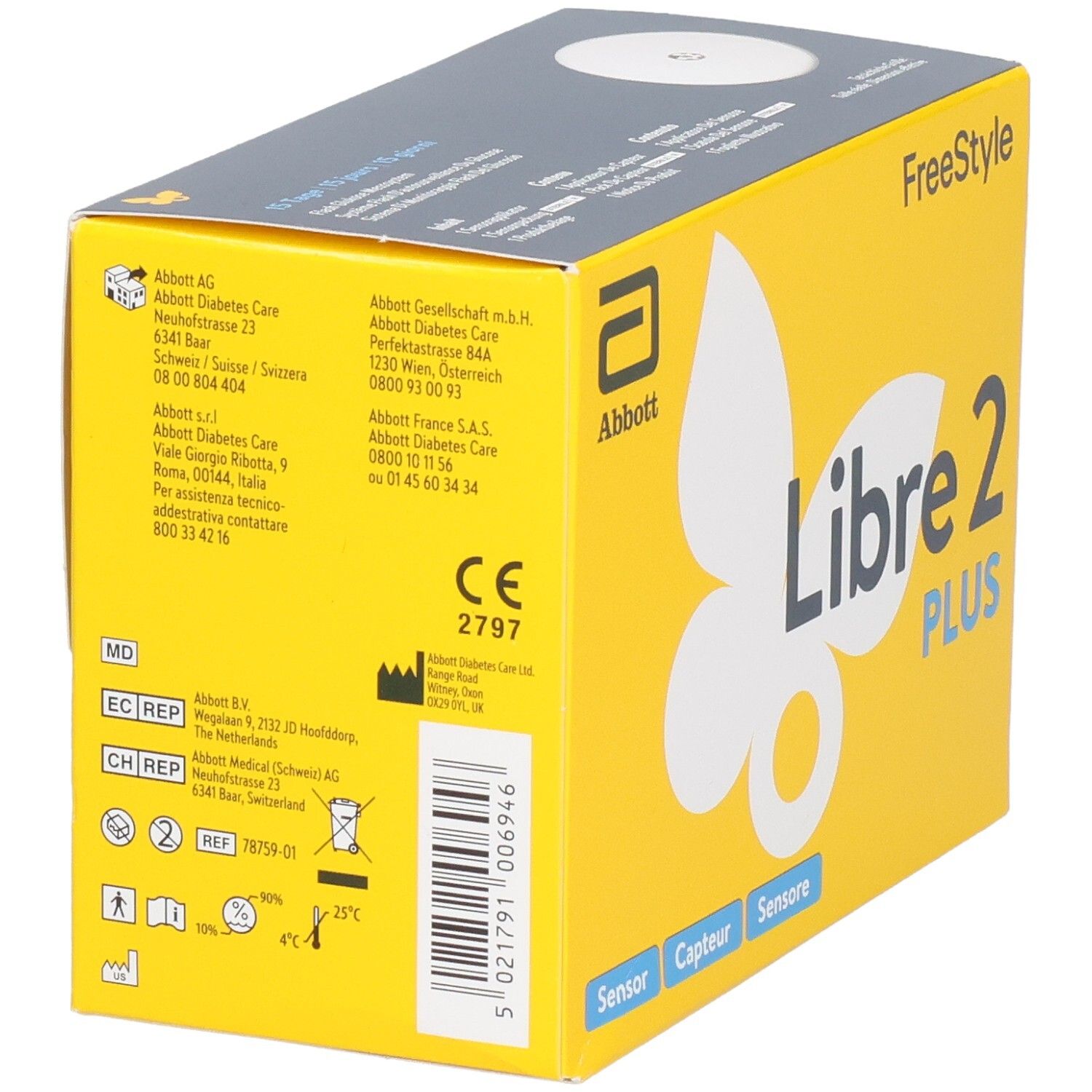 Abbott Freestyle Libre 2 PLUS Sensoren, gelbe Verpackung mit Schmetterlings-Design.