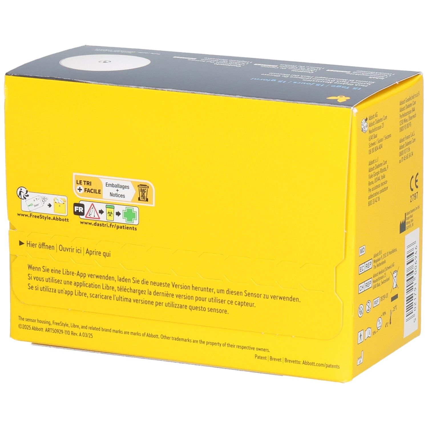 Abbott Freestyle Libre 2 PLUS Sensoren, gelbe Verpackung mit Schmetterlings-Design.