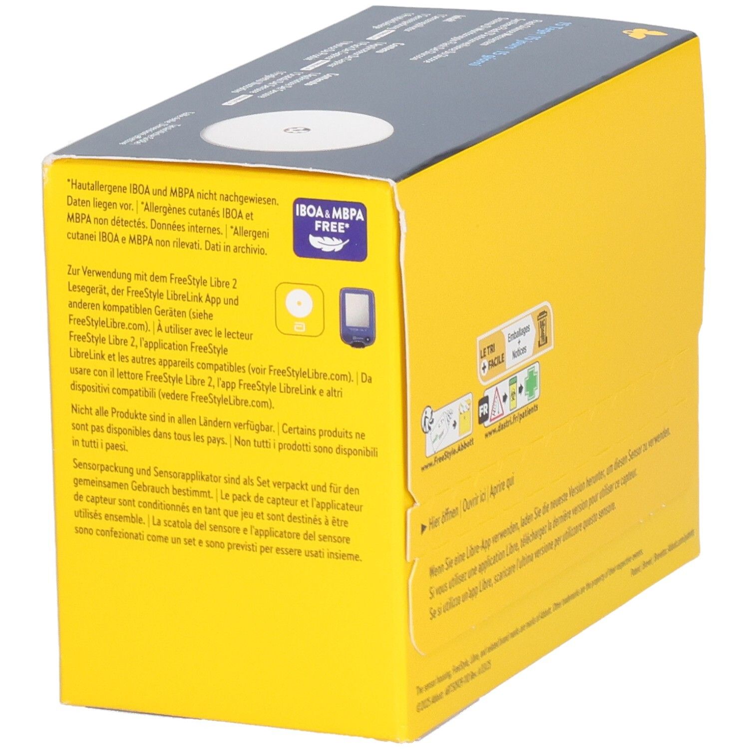 Abbott Freestyle Libre 2 Plus Sensor-Box, gelb, mit Schmetterlings-Design.