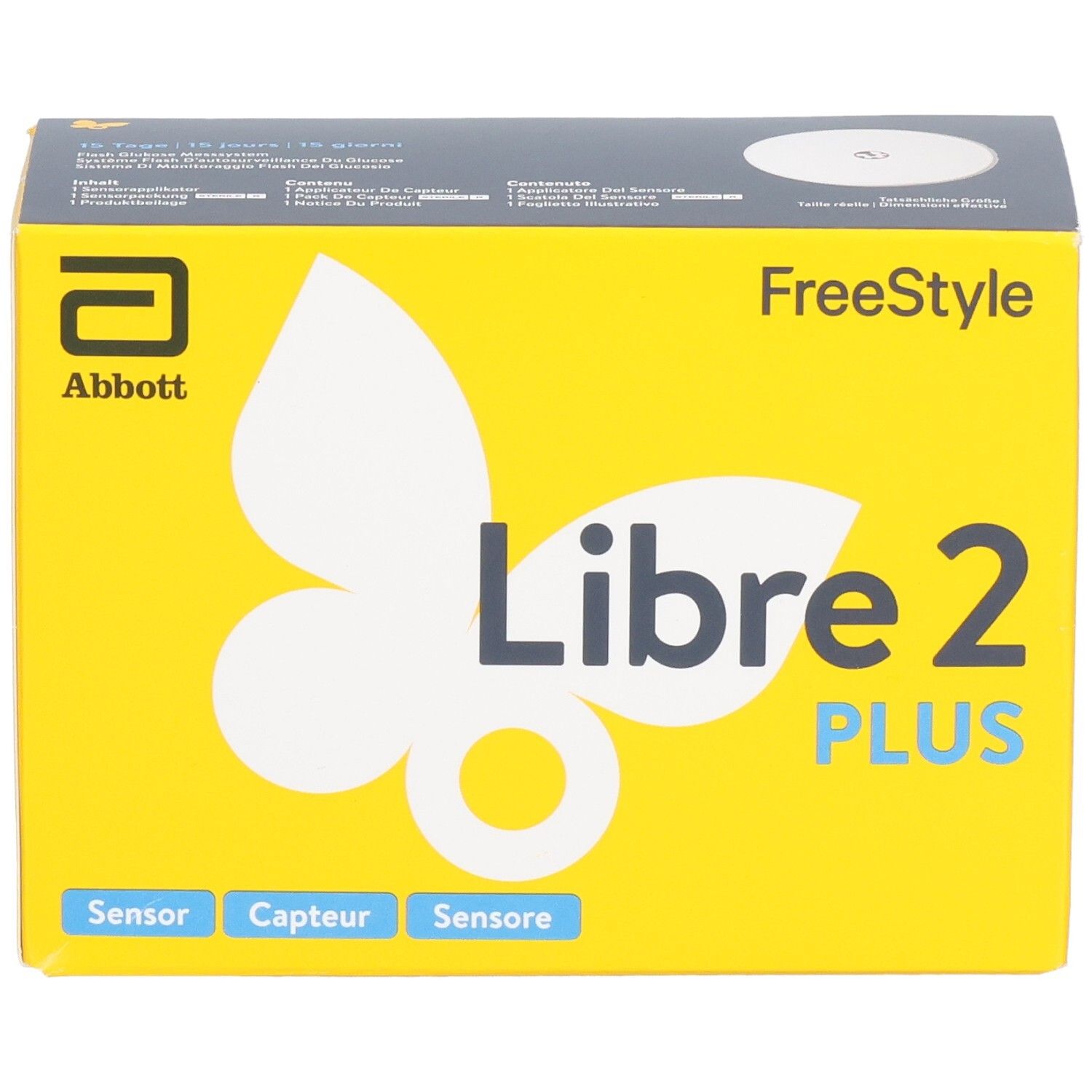 Abbott Freestyle Libre 3 Plus Sensor-Box, gelb, mit Schmetterlings-Design.