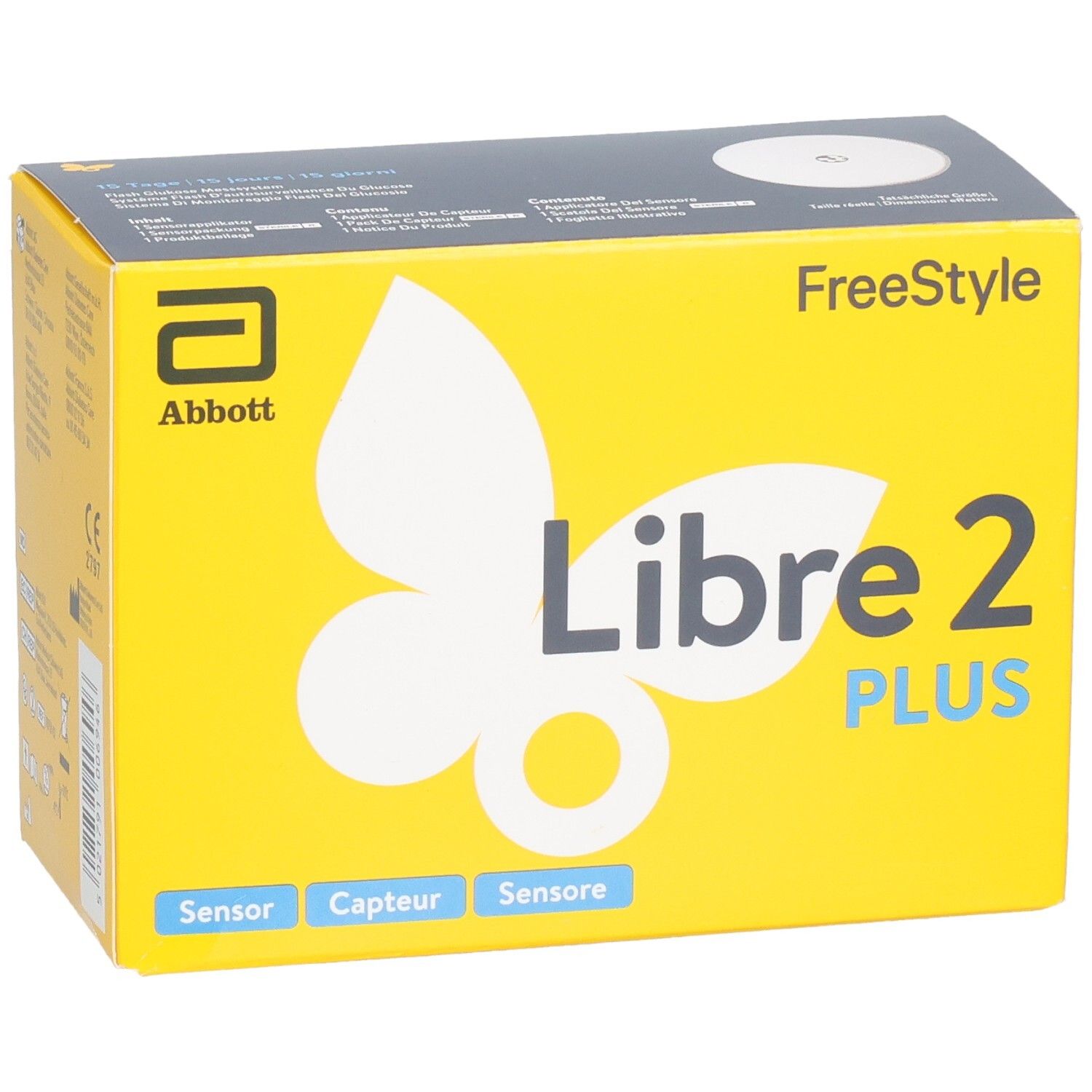 Abbott Freestyle Libre 2 Plus Sensor-Box, gelb, mit Schmetterlings-Design.