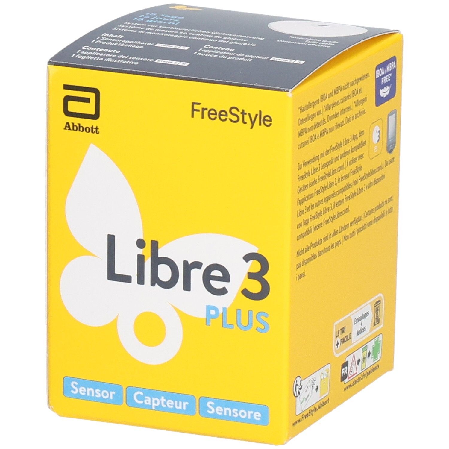 Gelbe Schachtel mit Produktnamen Libre 3 PLUS. Abbott-Logo und Sensor-Hinweis. Text in Deutsch, Französisch, Italienisch.