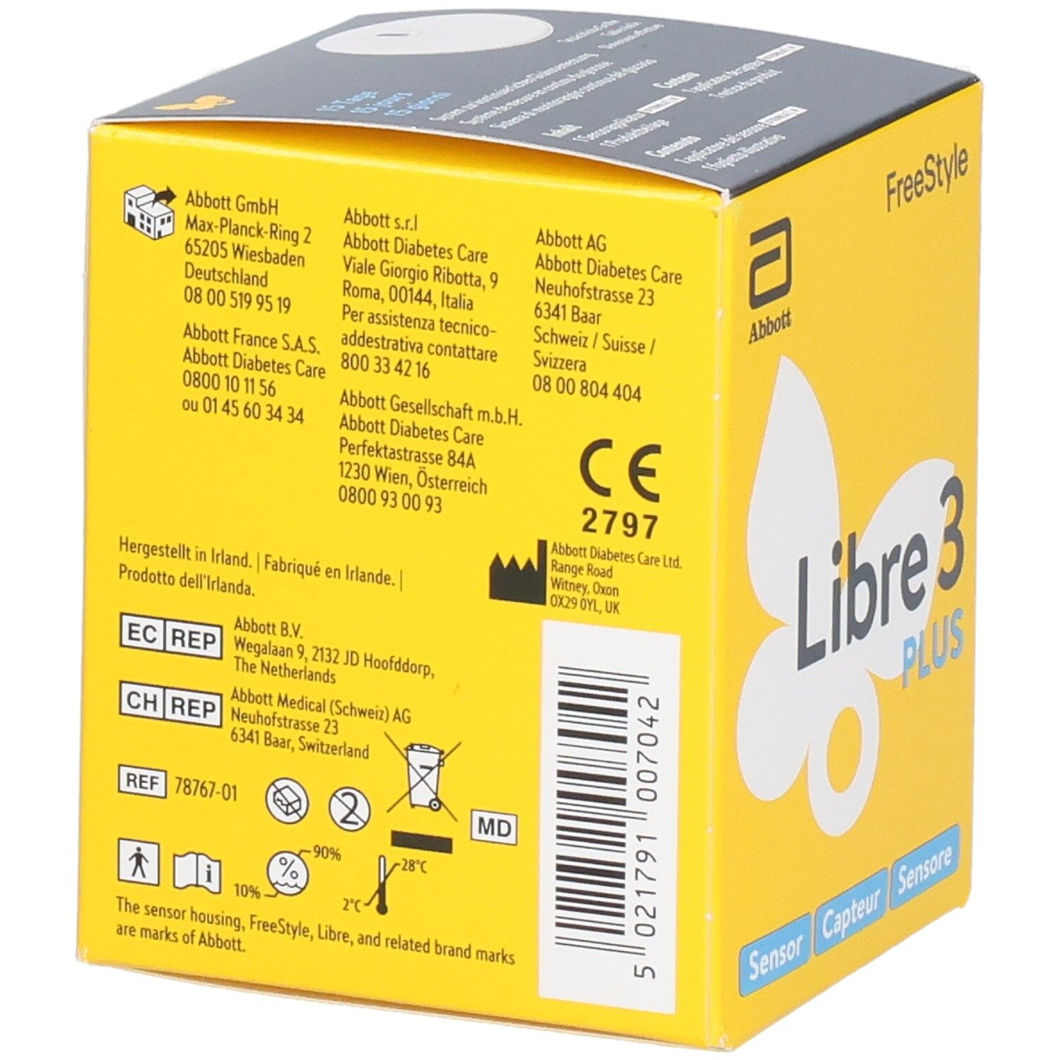 Rückseite der gelben Libre 3 PLUS-Box. Adressen, CE-Zeichen, Ref-Nummer. Text in mehreren Sprachen.