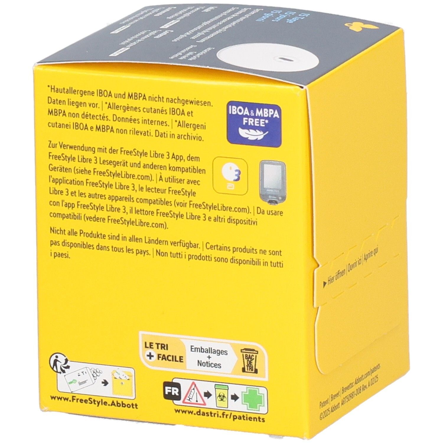 Gelbe Libre 3 PLUS-Box mit Text. IBOA & MBPA free-Hinweis. Piktogramme und QR-Code.