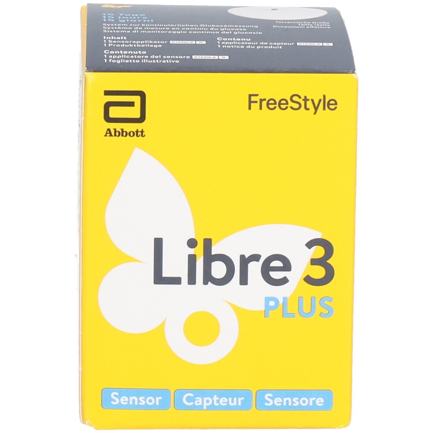 Gelbe Libre 3 PLUS-Box, Vorderseite. Abbott-Logo, Produktname, Sensor-Hinweis. Text in mehreren Sprachen.