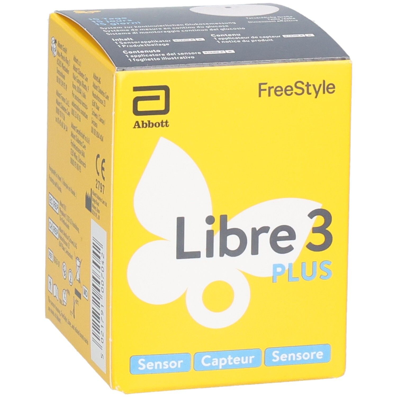 Gelbe Libre 3 PLUS-Box, leicht schräg. Abbott-Logo, Produktname, Sensor-Hinweis. Text in mehreren Sprachen.