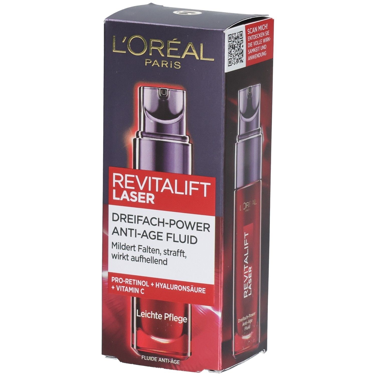 L'Oréal RevitaLift Laser X3 Anti-Age Fluid in roter Flasche mit Pumpspender, auf Faltschachtel abgebildet.