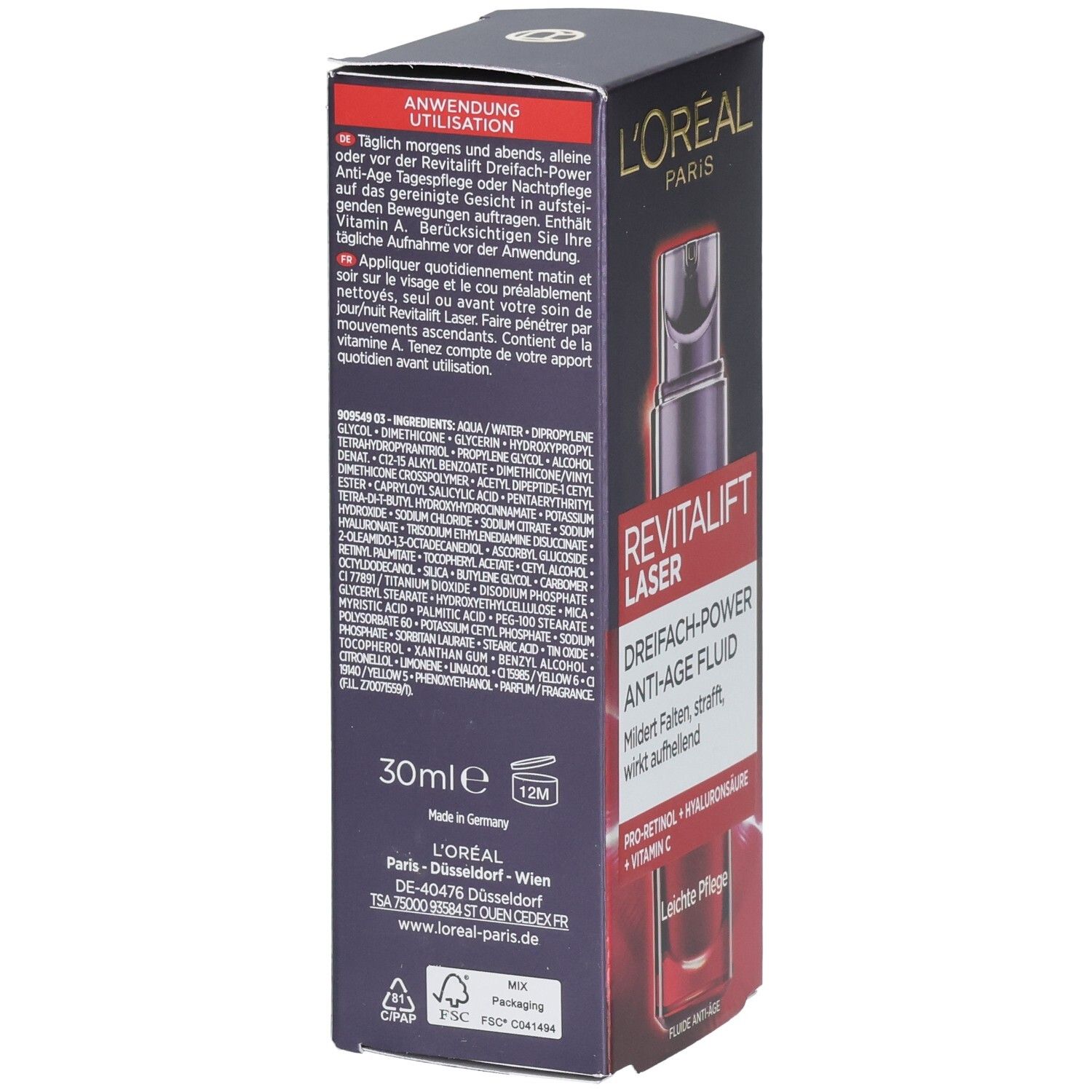Rückseite der L'Oréal RevitaLift Laser X3 Anti-Age Fluid Faltschachtel mit Anwendungshinweisen und Inhaltsstoffen.
