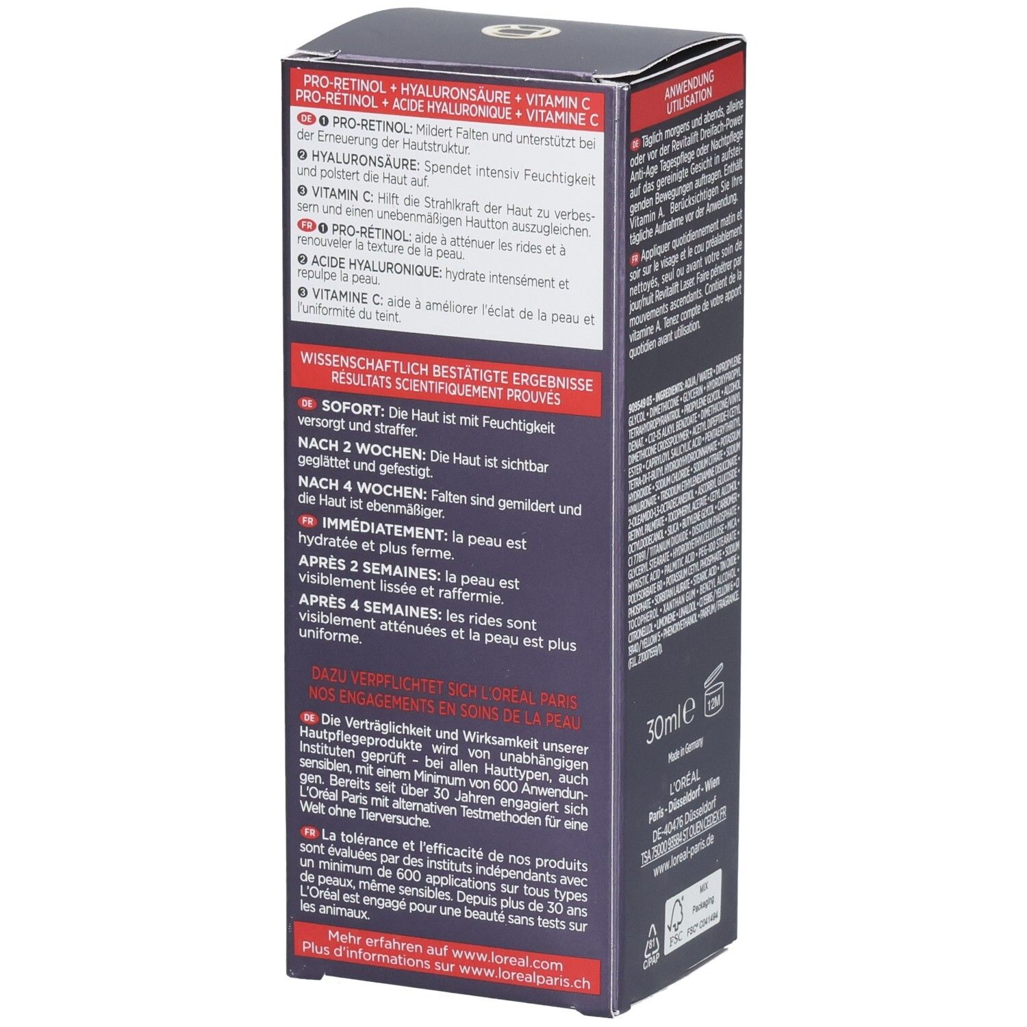 Seitenansicht der L'Oréal RevitaLift Laser X3 Anti-Age Fluid Faltschachtel mit detaillierten Produktinformationen.