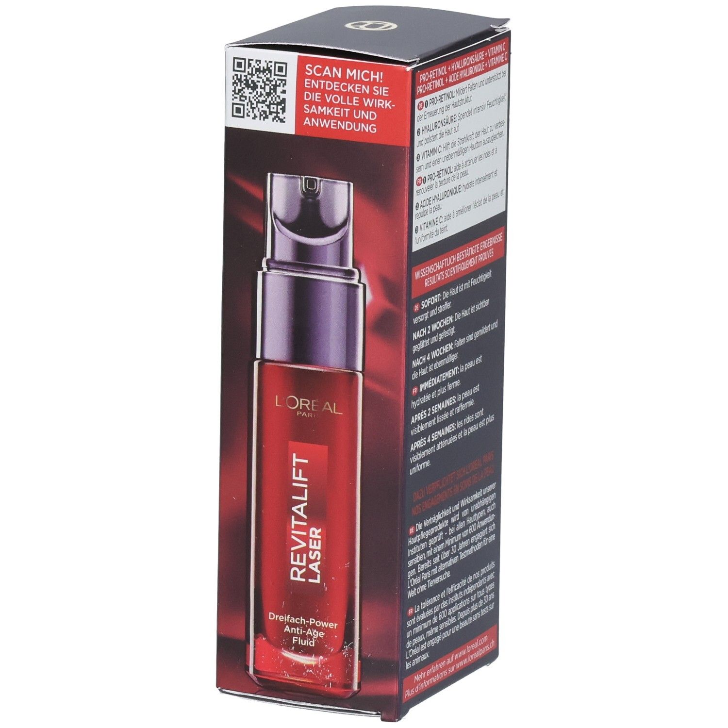 L'Oréal RevitaLift Laser X3 Anti-Age Fluid in roter Flasche mit Pumpspender, auf Faltschachtel abgebildet, mit QR-Code.