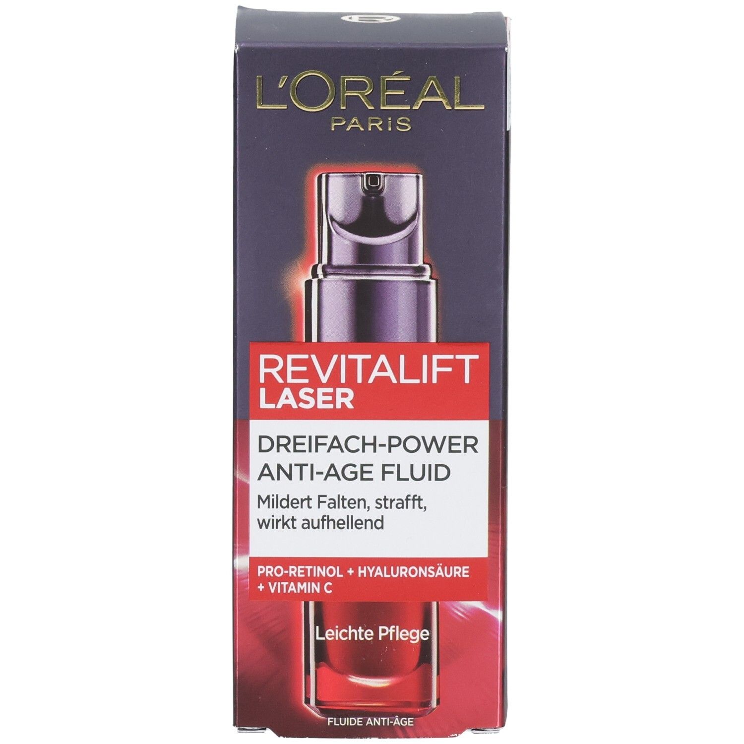 Vorderseite der L'Oréal RevitaLift Laser X3 Anti-Age Fluid Faltschachtel mit Produktabbildung und Text.