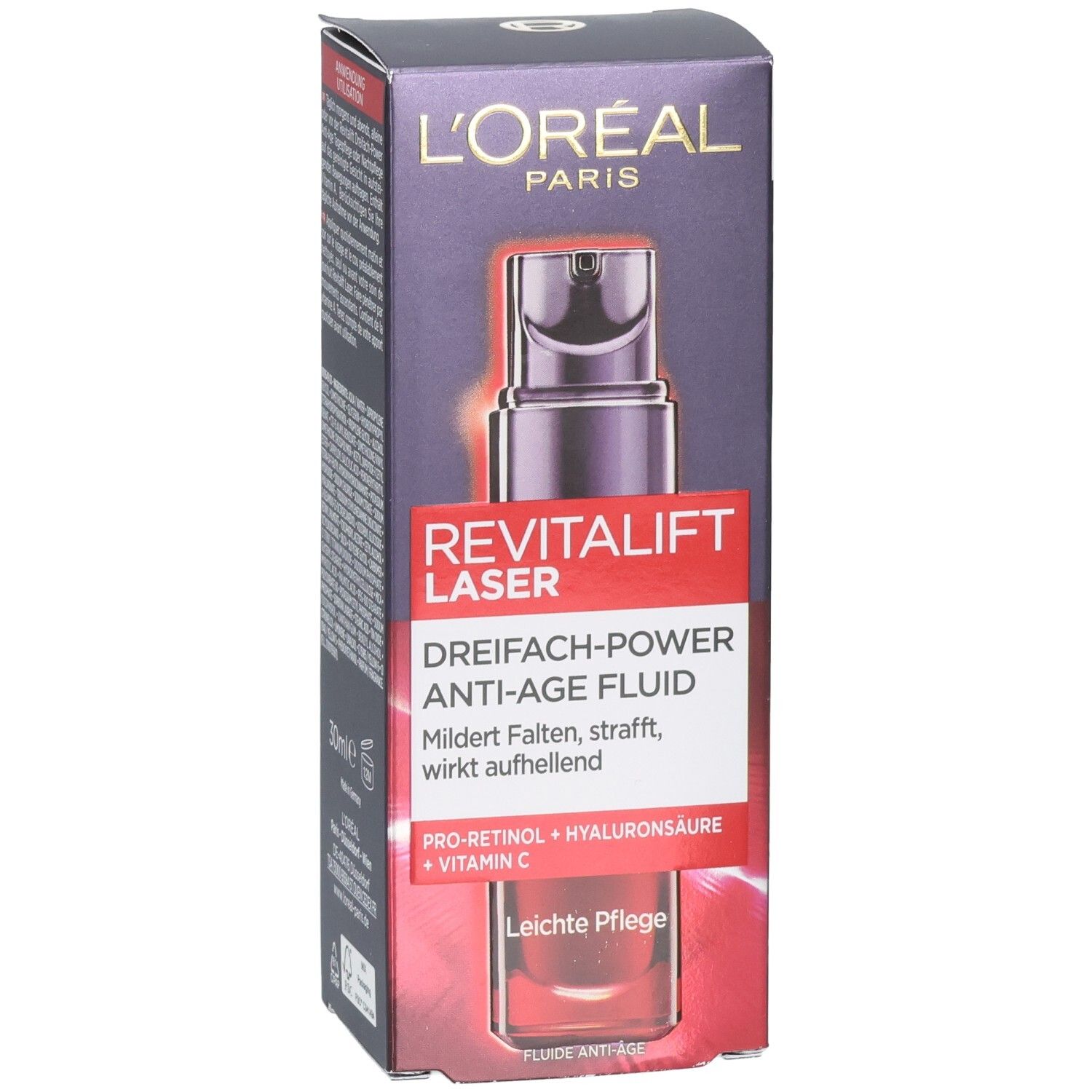 L'Oréal RevitaLift Laser X3 Anti-Age Fluid Faltschachtel, Vorderseite mit Produktabbildung und Text.