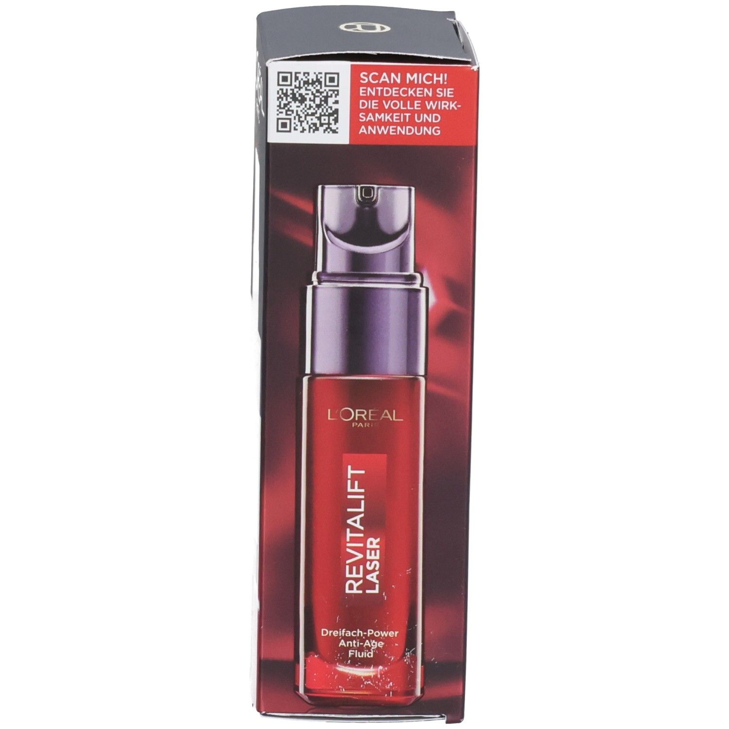 L'Oréal RevitaLift Laser X3 Anti-Age Fluid in roter Flasche mit Pumpspender, auf Faltschachtel abgebildet, mit QR-Code.