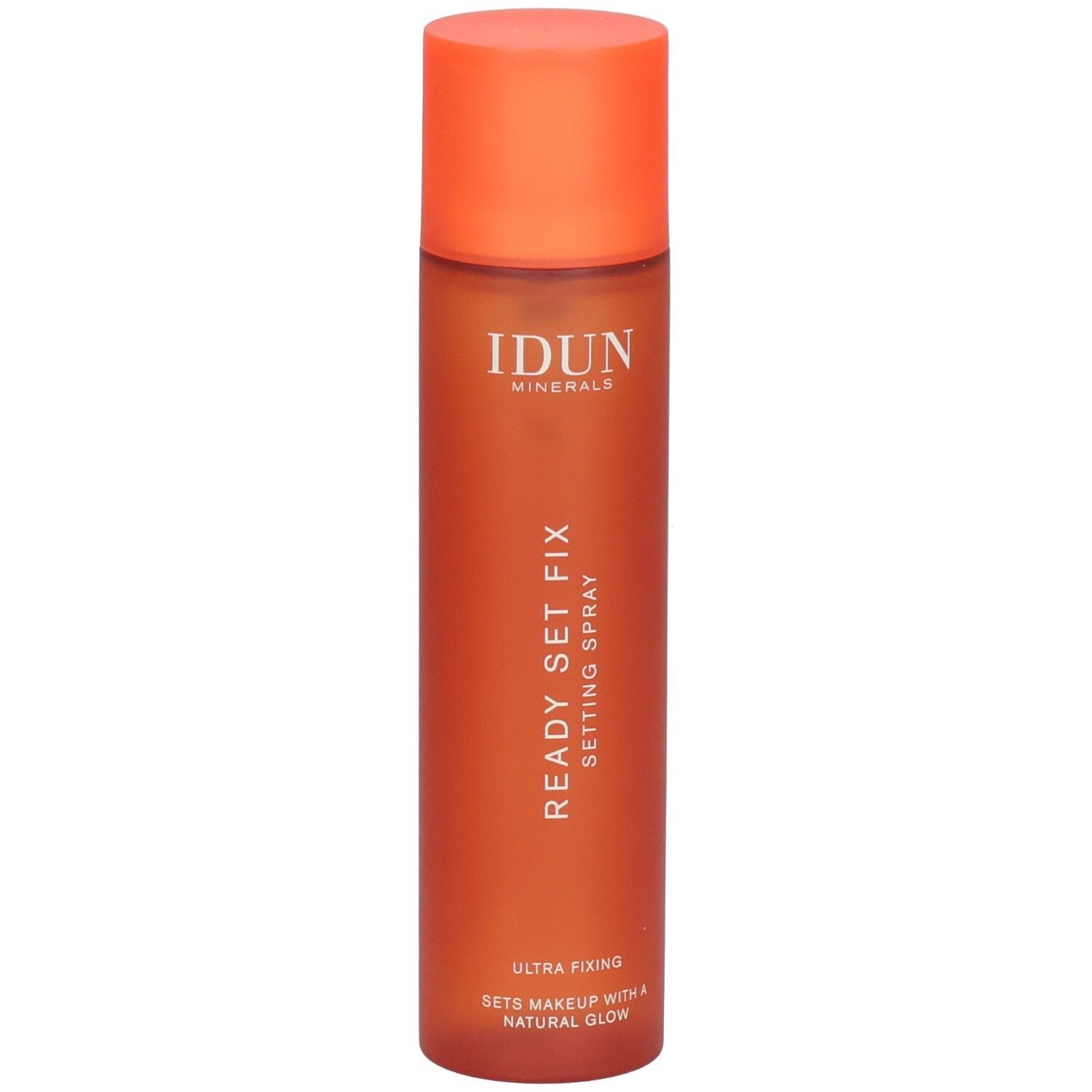Orangefarbene Sprühflasche. Aufschrift: IDUN Minerals, READY SET FIX, SETTING SPRAY. Ultra Fixing. Sets Makeup with a Natural Glow.