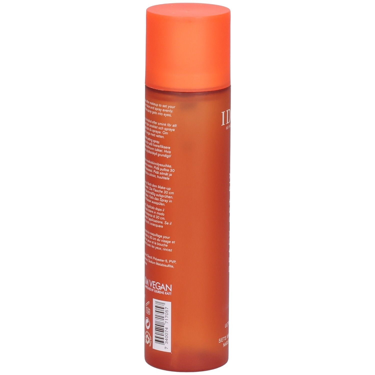Rückseite der orangefarbenen Sprühflasche. Text in mehreren Sprachen. Vegan-Logo. Barcode.