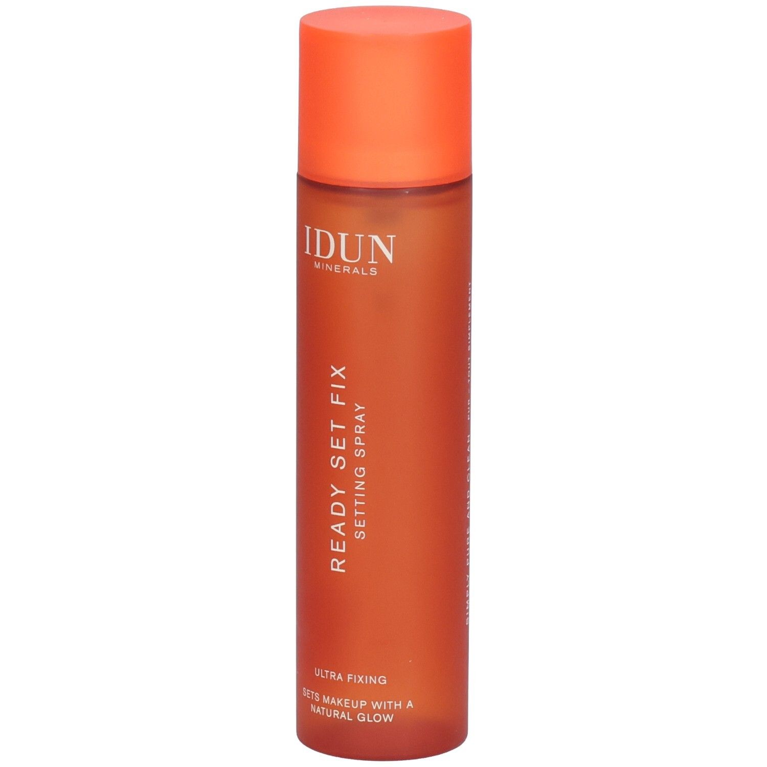 Orangefarbene Sprühflasche. Aufschrift: IDUN Minerals, READY SET FIX, SETTING SPRAY. Ultra Fixing. Sets Makeup with a Natural Glow.