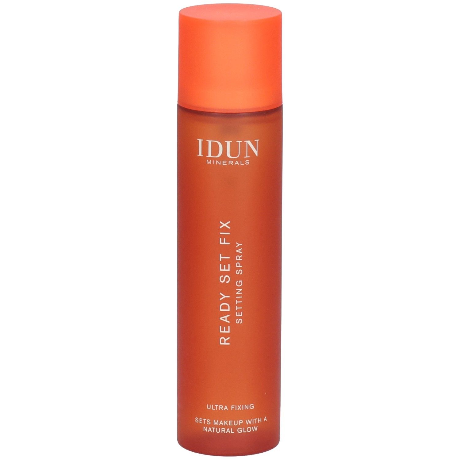 Orangefarbene Sprühflasche. Aufschrift: IDUN Minerals, READY SET FIX, SETTING SPRAY. Ultra Fixing. Sets Makeup with a Natural Glow.