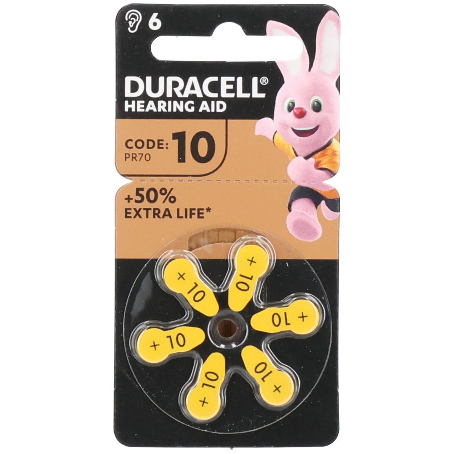 Piles Duracell pour appareils auditifs, 6 pièces, type 10, avec 50% de vie supplémentaire.