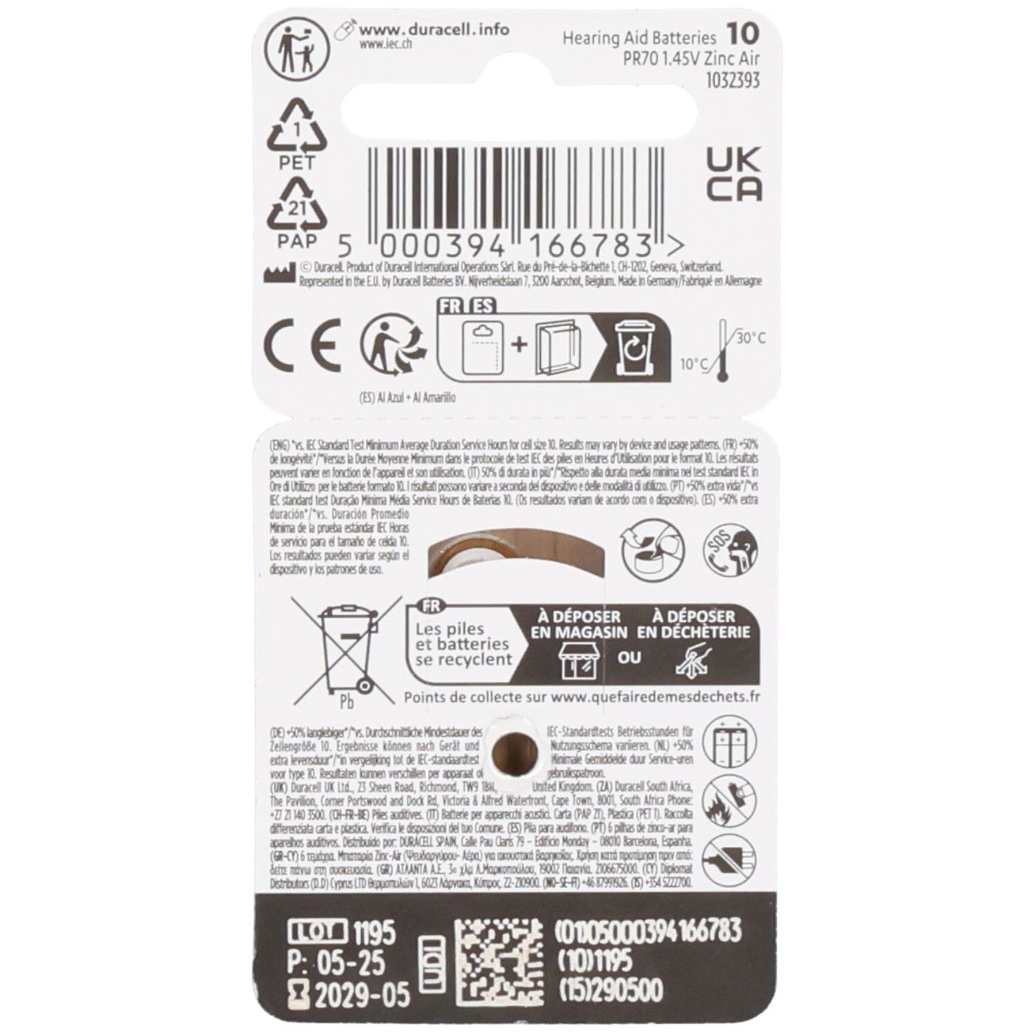 Dos des piles Duracell pour appareils auditifs, type 10, avec code-barres et informations de recyclage.
