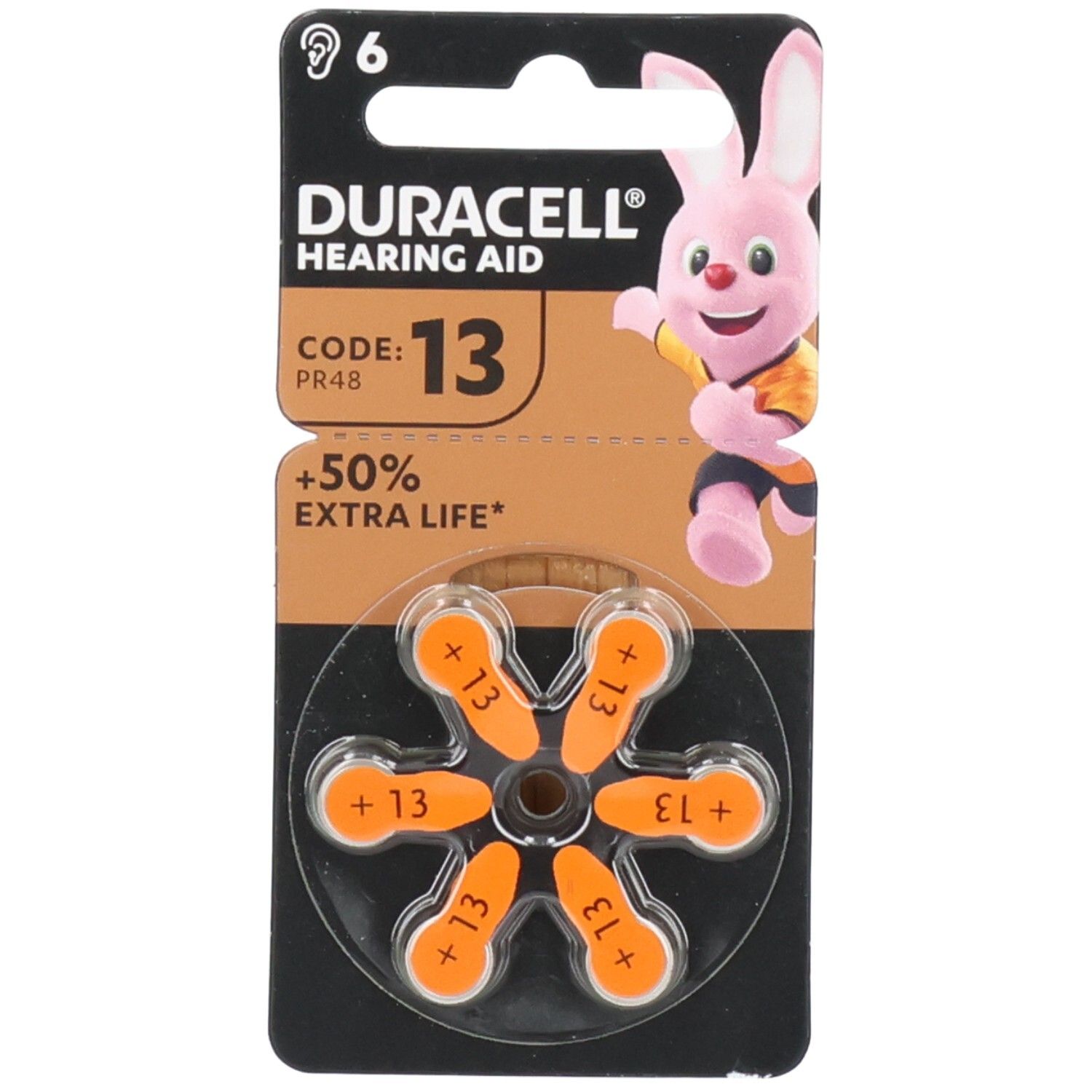 Duracell Hörgerätebatterien, 6 Stück, Größe 13, mit 50% mehr Laufzeit.
