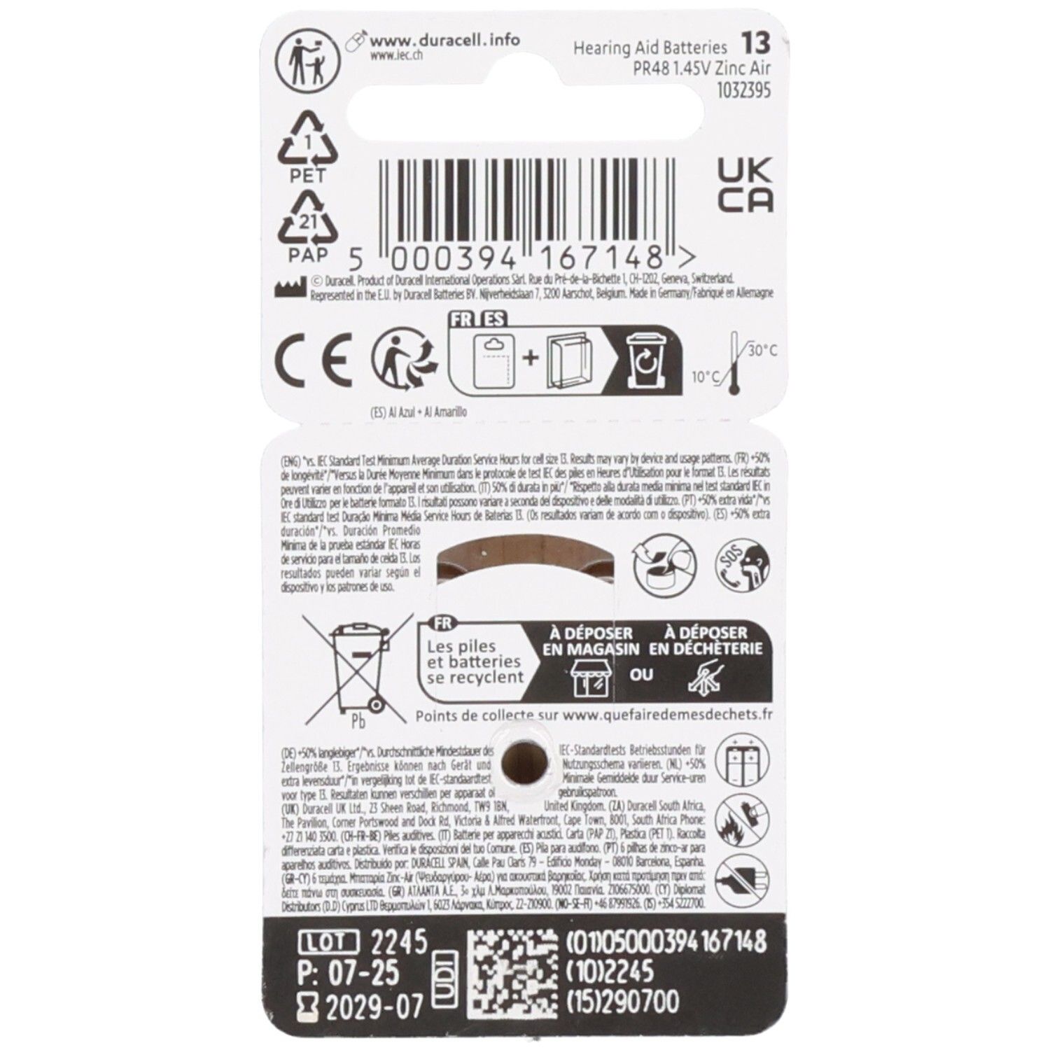 Rückseite der Duracell Hörgerätebatterien-Verpackung mit Recycling-Symbolen und Produktinformationen.