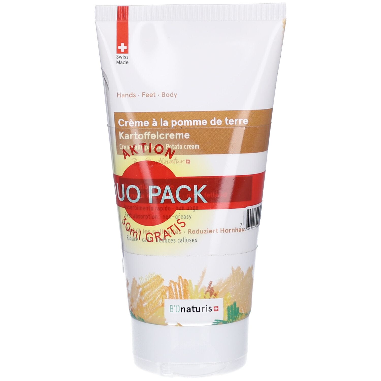 Tube de crème avec bande rouge. Texte: Crème à la pomme de terre, Kartoffelcreme, Duo Pack. Croix suisse.