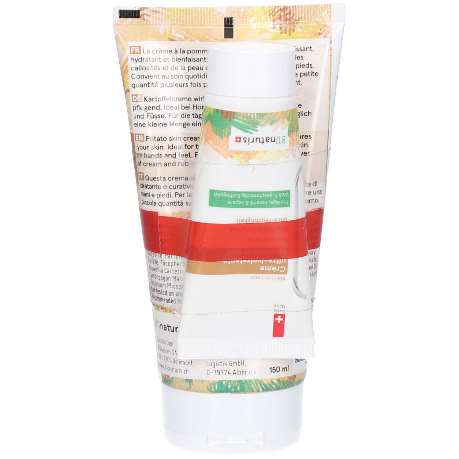 Tube de crème avec petit tube. Texte: Crème à la pomme de terre, Kartoffelcreme. Croix suisse. Duo Pack.