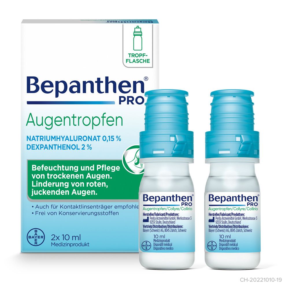 Verpackung Bepanthen PRO Augentropfen. Text: Natriumhyaluronat 0,15%, Dexpanthenol 2%.