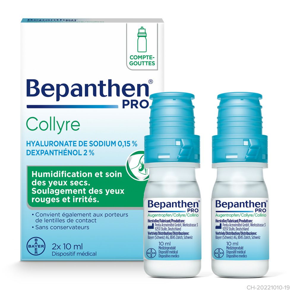 Emballage Bepanthen PRO Collyre. Texte: Hyaluronate de sodium 0,15%, Dexpanthenol 2%.