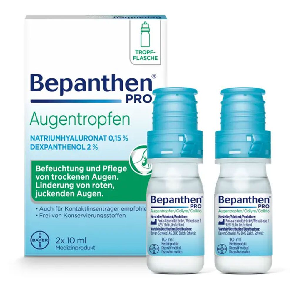 Deux flacons de gouttes pour les yeux et emballage. Inscription : Bepanthen PRO Augentropfen. Contient hyaluronate de sodium et dexpanthénol.