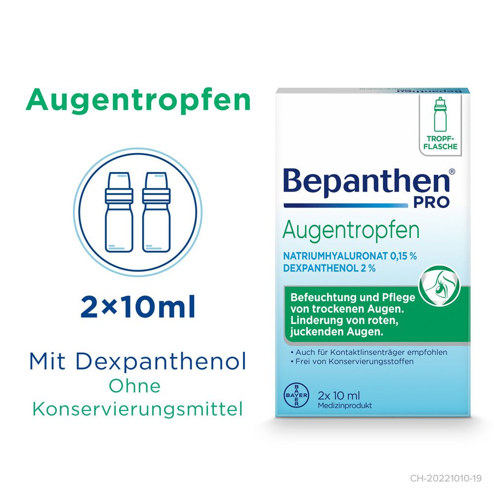 Packung Bepanthen Pro Augentropfen. Zwei 10ml Flaschen. Mit Dexpanthenol.
